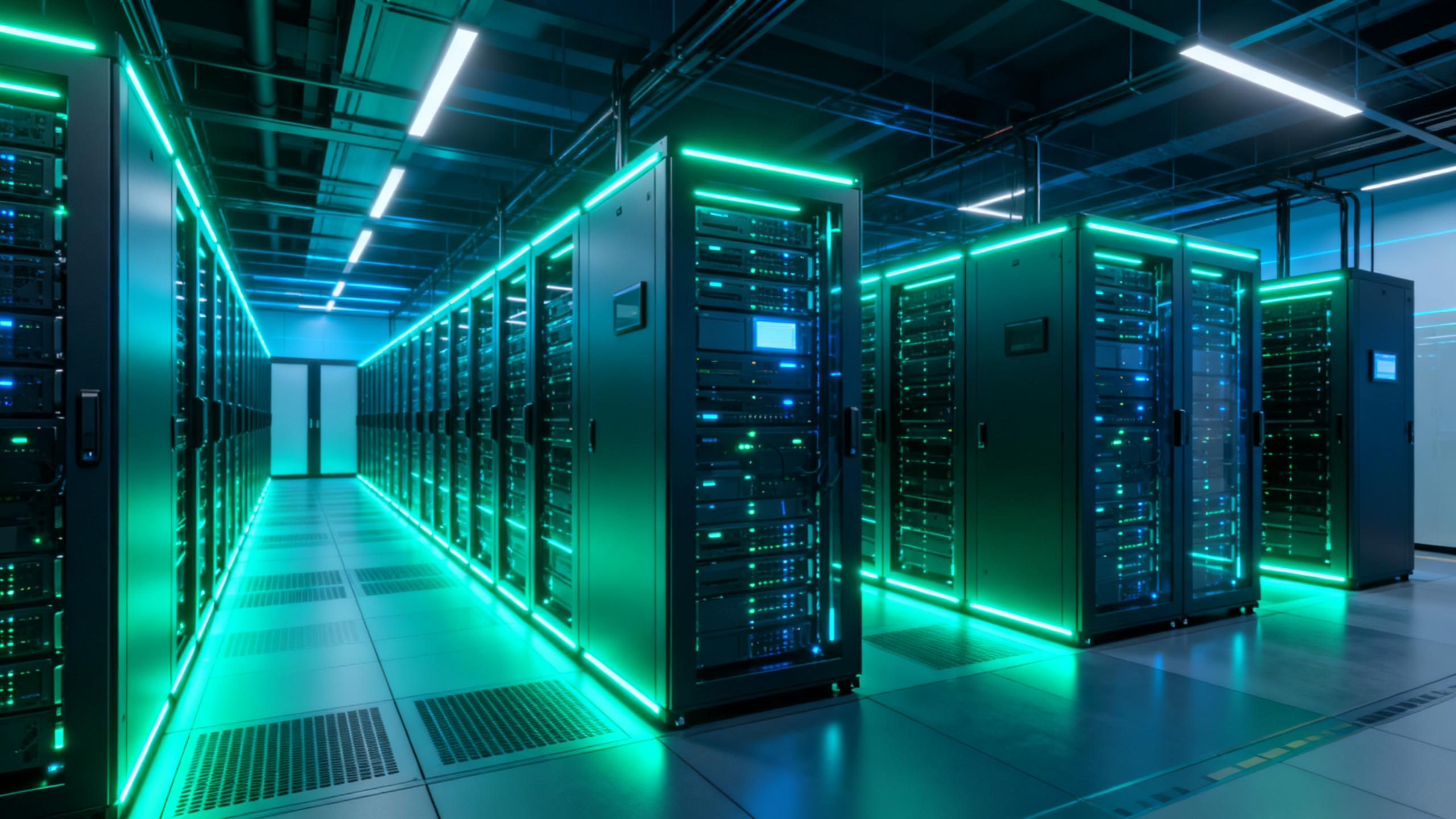 jimeng-2026-02-23-2287-现代化数据中心机房全景，排列整齐的服务器机柜，青绿色(#00859b)氛围灯光，....png