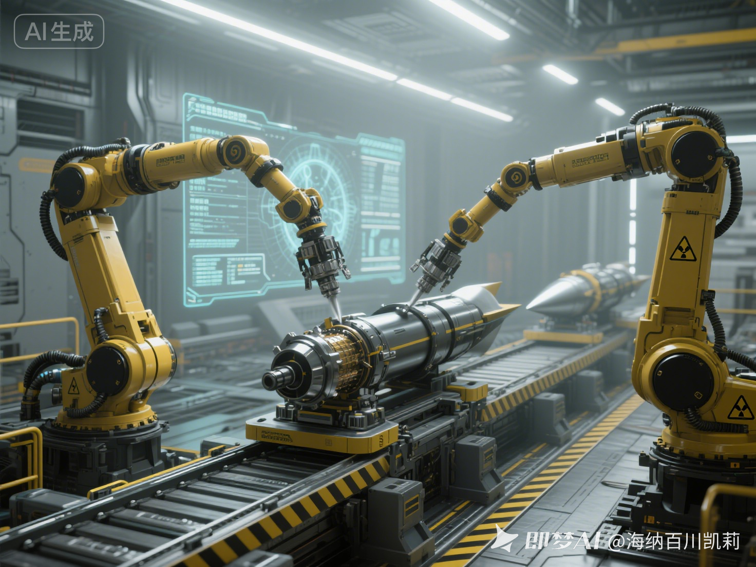 jimeng-2025-07-31-2068-二条排列整齐的现代高超音速导弹机器手臂自动建造生产机械线，冷灰淡黄工业激光照明覆....png